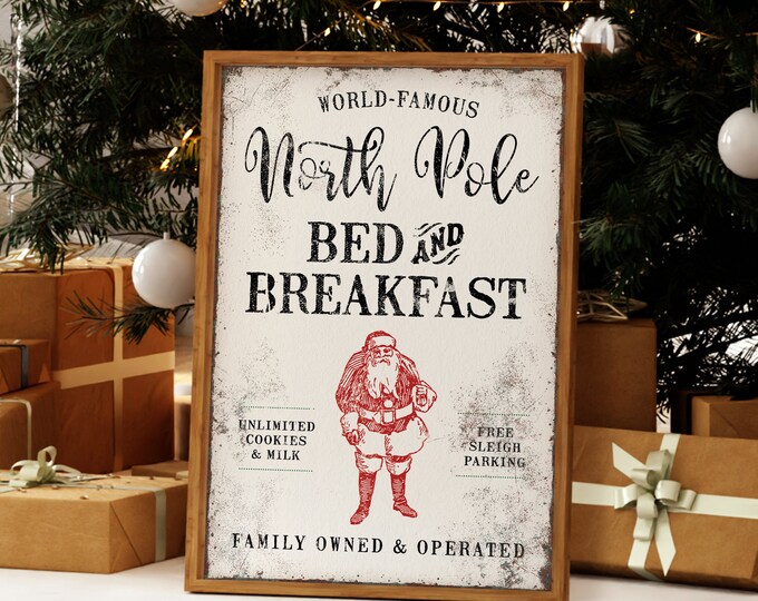 Christmas Wall Decor, Bed and Breakfast, North Pole Signs, Rustic Holiday Sign, Vintage Canvas Print, Festive Farmhouse Gift for Mom