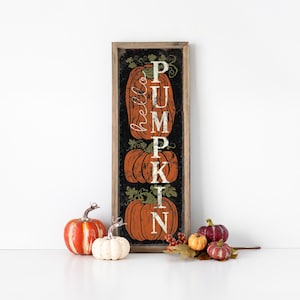 Tall Hello Pumpkin Fall Porch Sign, Outdoor Metal Available, Sign with 3 Pumpkins, Rustic Autumn Decor, Large Fall Patio Signs, 13, Black