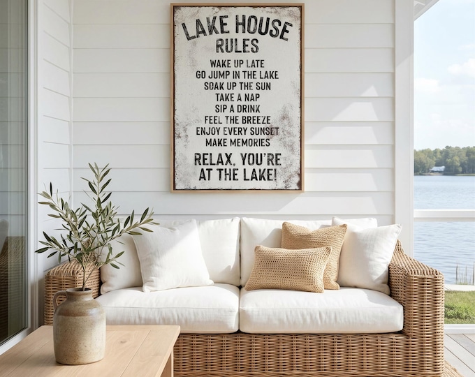 Lake House Rules Black and White Canvas, Monochrome Farmhouse Lake Cabin Decor
