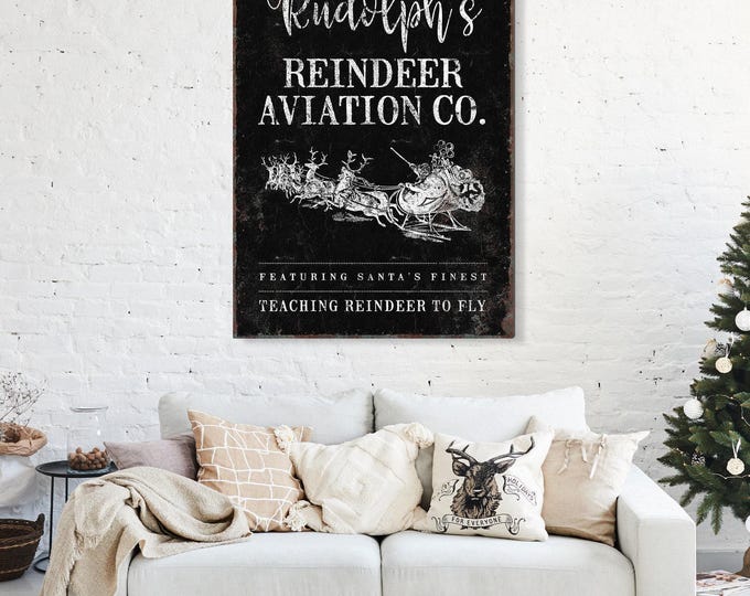 Flying Santa Print, Rudolph's Reindeer Aviation Co Sign in Cream White on Charcoal Black