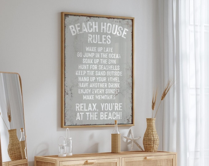 Beach House Wall Art: Rustic Coastal Sign - Gray Stone Finish