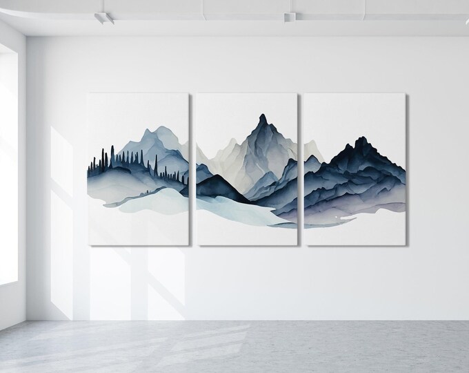 Blue Mountain Triptych Wall Art - Abstract 3 Piece Set