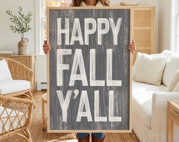 Cozy Fall Decor, Happy Fall Yall Sign, Slate Grey Weathered Wall Art