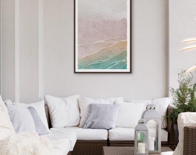 Coastal Waves Watercolor Print, Blush Mauve Abstract Horizon, Calming Bedroom Wall Art