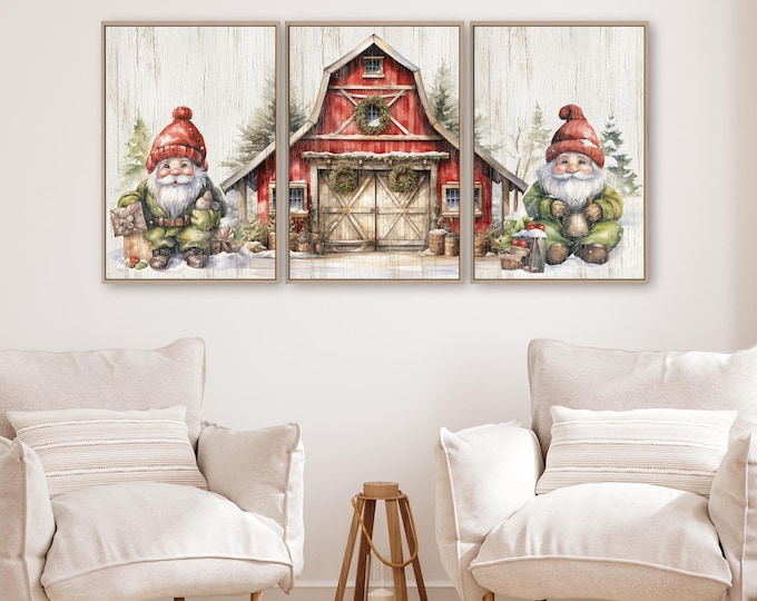 Christmas Forest Gnome Triptych, Red Barn Scene (Set of 3 Panels)