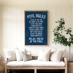 Pool Rules Sign, Navy Distressed Outdoor Wall Art, Vacation Home Backyard Decor