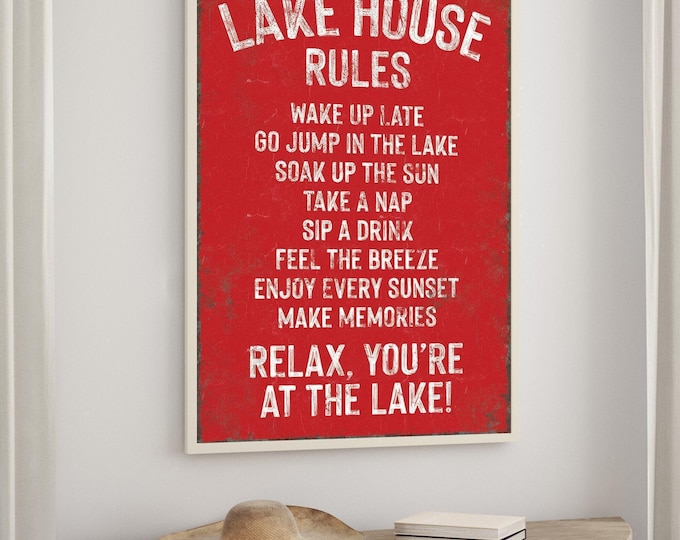 Vintage Lake House Rules Sign: Bright Red Distressed Wall Art