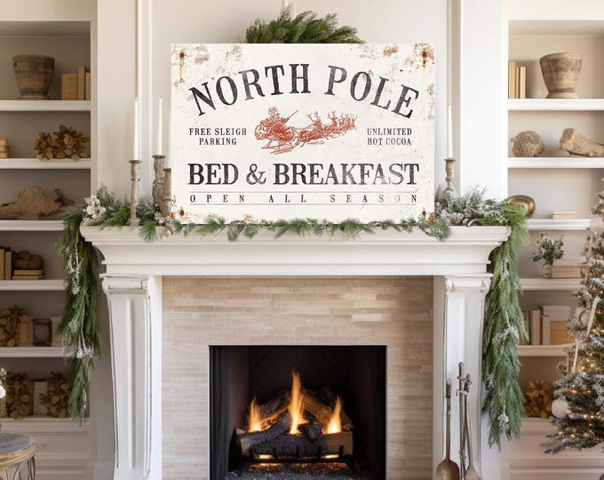 Holiday Vibes Sign, Vintage North Pole Free Sleigh Parking, Aged Rust Santa Art