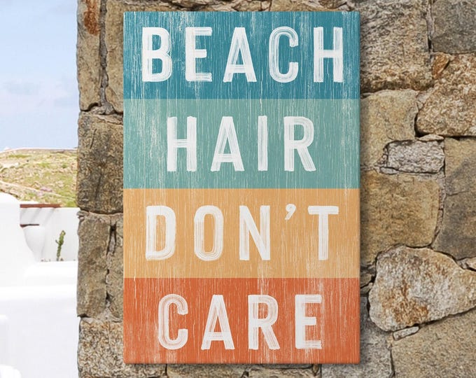 Beach Hair Don't Care Sign, Terracotta and Teal Band Wall Art, Summer Coastal Canvas Print