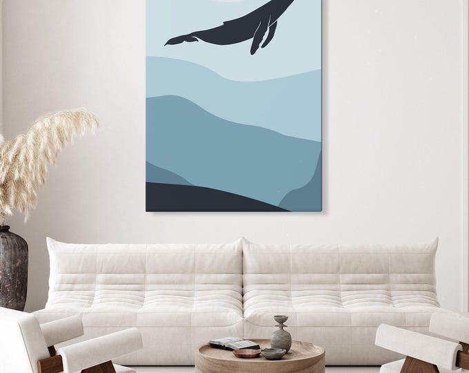 Whale Wall Art Ombre Blue Navy Charcoal Coastal Wall Print Living Room