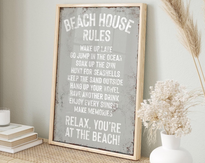 Beach House Rules Sign, Retro Style, Distressed Gray (Wall Art)