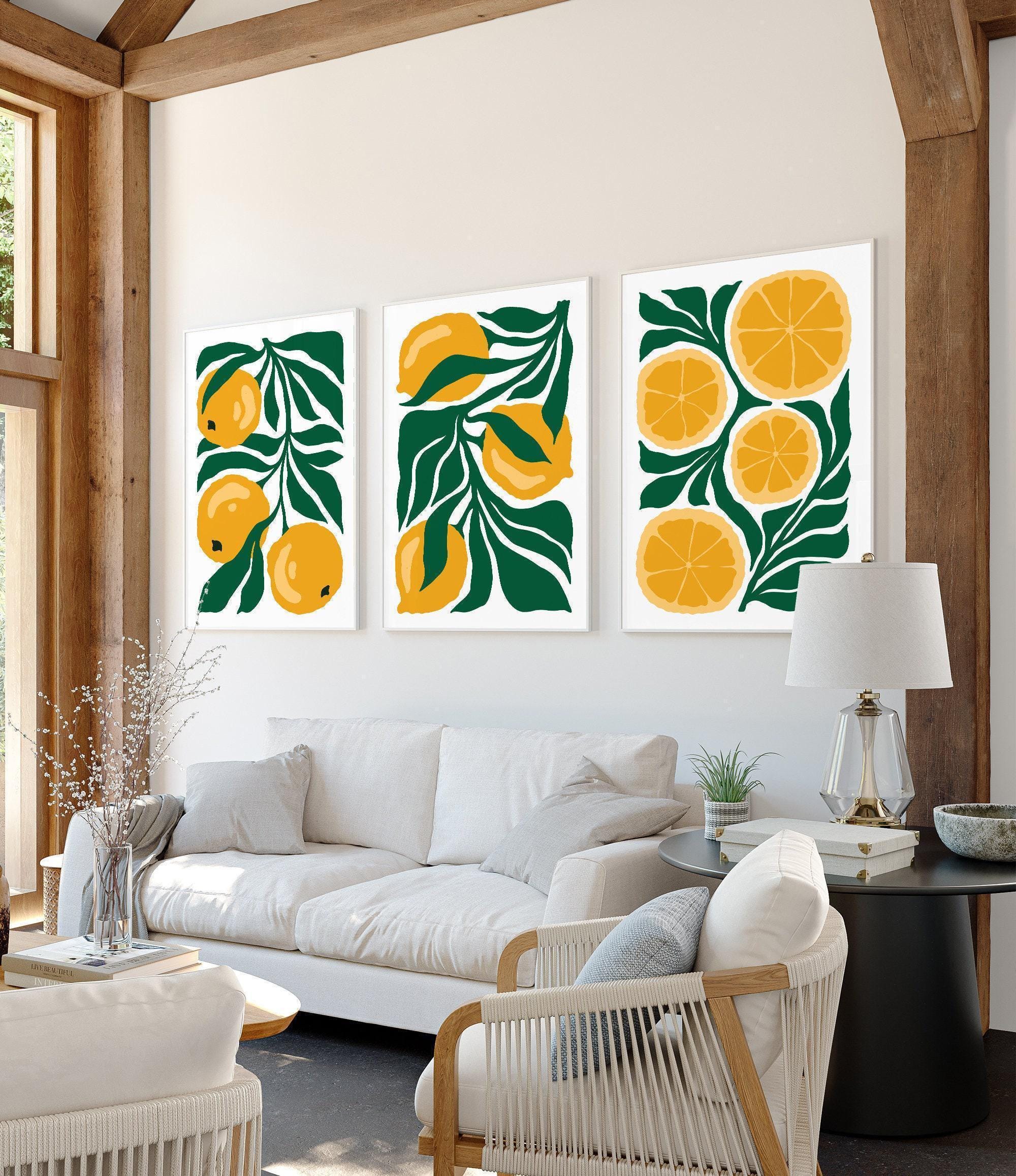 Lemon Art, Yellow Citrus Triptych, White Framed Canvas Set for the