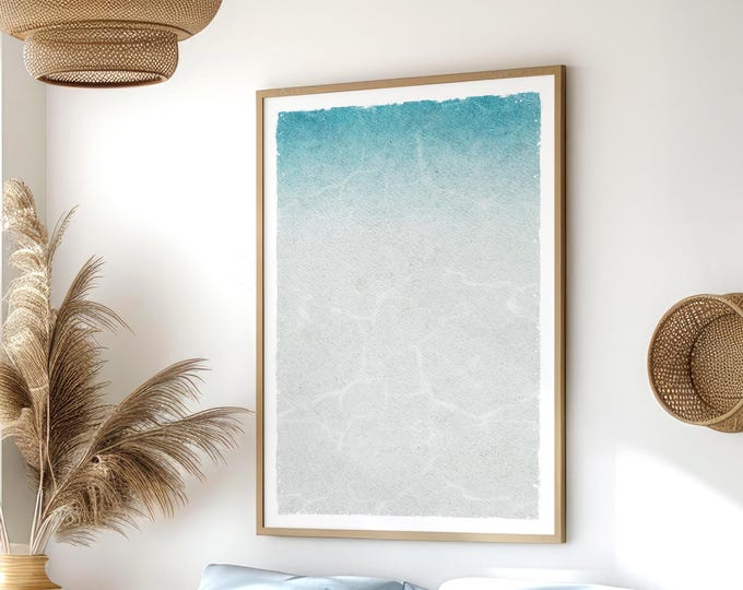 Boho Home Decor, Serene Seaside Scene, Beach House Decor, Blue Coastal Wall Art, Large Framed Canvas Print, Watercolor Beach Wave, No. 109