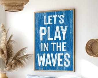 Retro Coastal Sign Ocean Blue Beach Wall Art, White Waves Typography Print