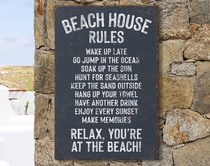 Vintage Hale Navy Beach House Rules Sign, Distressed Beach Decor Print