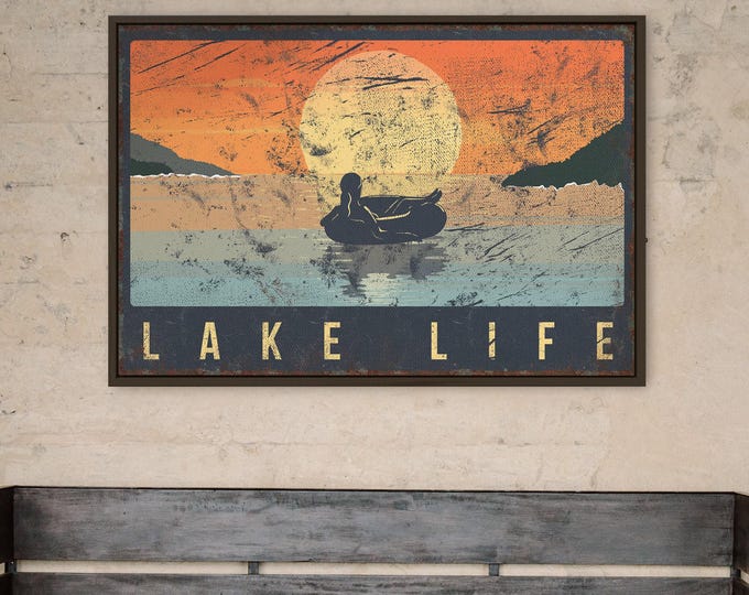 Vintage Lake Decor, Sunset Lake Art, Woman On Tube, Retro Lake Life Sign, Canvas Wall Print, Lake House Gift, Cozy Porch Decoration