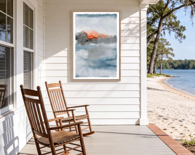 Abstract Ocean Art, Misty Blue Gray Watercolor with Coral Sunrise, Beach House Canvas