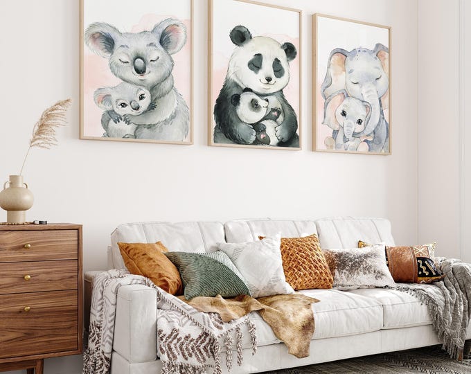 Framed Nursery Animal Triptych Set, Koala Panda Elephant, Mommy and Me Watercolor, for Nursery Decor, Gift for Baby Shower, Blush and White