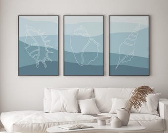Seashells and Waves Abstract, Large Blue Wall Art, Beach and Waves, Beach Decor