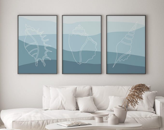 Seashells and Waves Abstract, Large Blue Wall Art, 3 Piece Set, Minimalist Triptych for Modern Beach Home Decor • 034