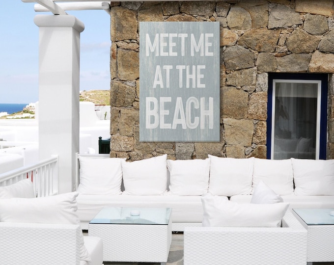 Meet Me At The Beach Sign Smoke Gray, Vintage Decor, Rustic Wall Art, Vacation Rental Print, Unique Coastal Gift, Framed Canvas