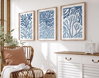 Coastal Prints Set, Blue Coral Branches on Cream, Ocean Triptych Wall Art