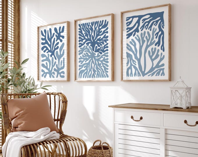 Coastal Prints Set, Blue Coral Branches on Cream, Ocean Triptych Wall Art