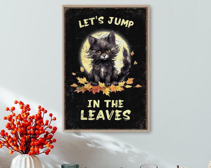 Framed Mantel Art, Black Cat Jumps in Leaves Fall Sign