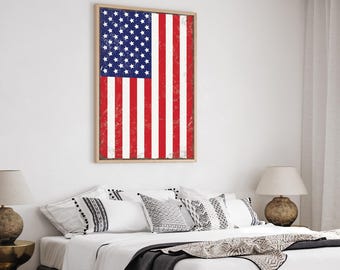 Vintage American Flag Poster, Distressed Military Gift, Patriotic Art