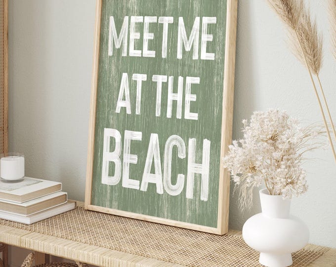Vintage Seagrass Meet Me at the Beach Sign - Retro Canvas Print for Modern Farmhouse Decor - Beach Themed Home Decoration - Fun Beach Signs