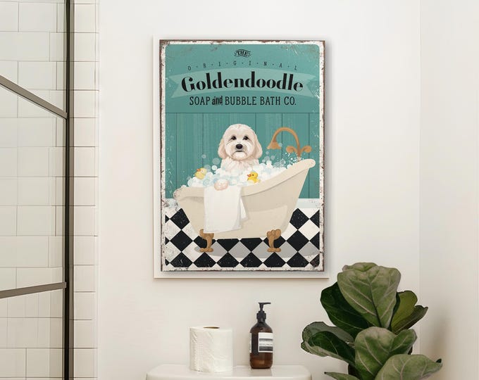 Goldendoodle Art Teal Aqua Bubble Bath Wall Decor, Vintage Clawfoot Tub Dog Print