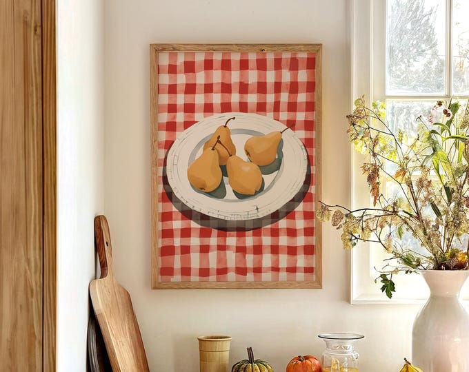 La Dolce Vita Canvas Print, Pear Still Life, Checkered Red Tablecloth, Coastal Wall Art, Vintage Palm Decor, Beachhouse Charm Gift