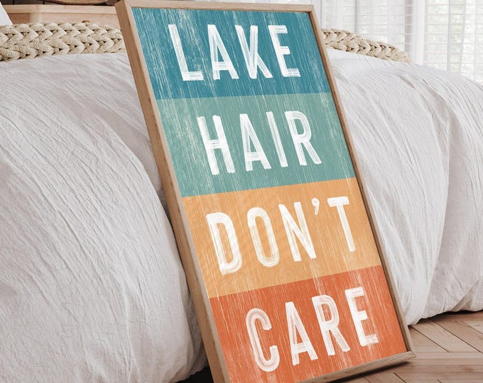 Outdoor Indoor Art, Retro Lake Hair Dont Care Sign, Teal and Gold Wall Decor, Cabin Gift