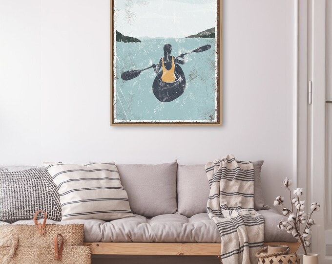 vintage "LAKE LIFE" sign with Yellow Accent, KAYAK poster for vintage lake house decor, female Kayaker, modern farmhouse, Kayak Canvas Art