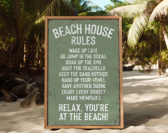 Vintage Beach House Rules Sign, Seagrass Decor, Rustic Coastal Wall Art, Canvas Hanging, Perfect Gift For Her, Distressed Texture