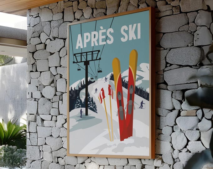 Winter Vibes, Pale Blue Wall Decor, Rustic Lodge Print, Vintage Apres Ski, Snowy Scene Art