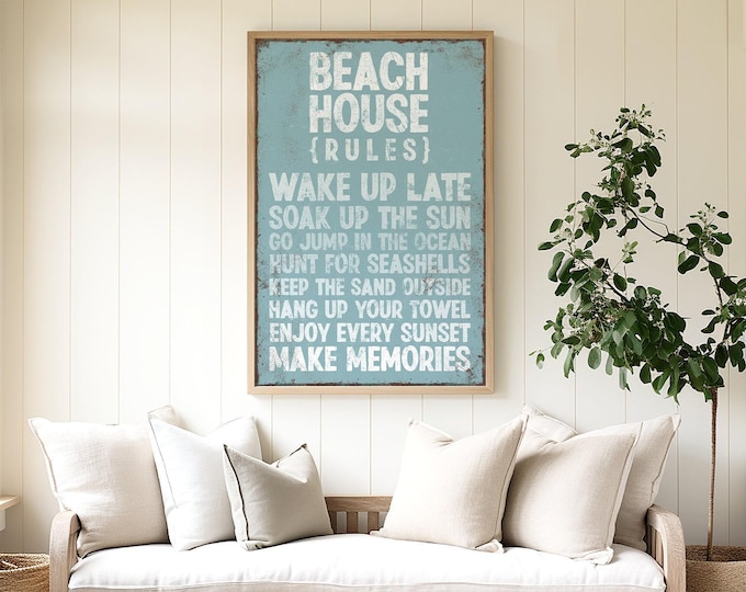 Beach House Rules Wall Art, Modern Farmhouse Coastal Print, Tide Blue Decor