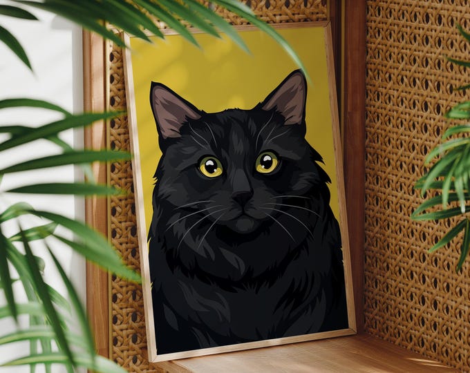 Gift for Graduate, Black Longhair Cat on Olive, Pop Art Feline Wall Decor, Pet Print