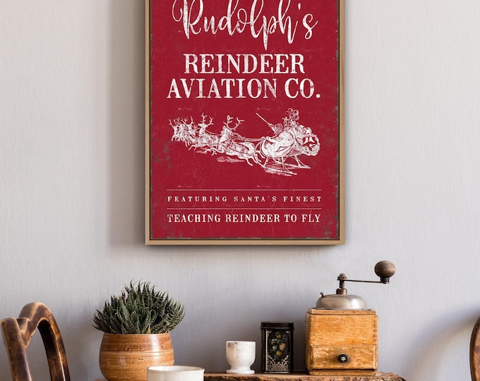 Farmhouse Christmas Wall Art, Santa Sleigh and Reindeer (Canvas or Paper)