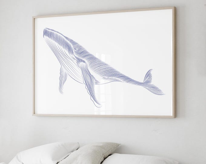 Print Options Blue Whale Wall Art, Indigo Dotted Engraving on White, Coastal Beach House Decor