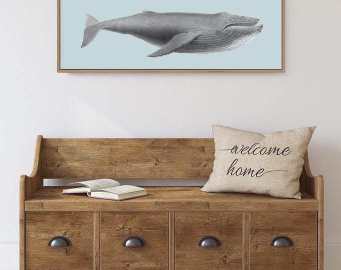 Framed Whale Art Print, Gray Humpback on Powder Blue, Long Narrow Coastal Wall Decor