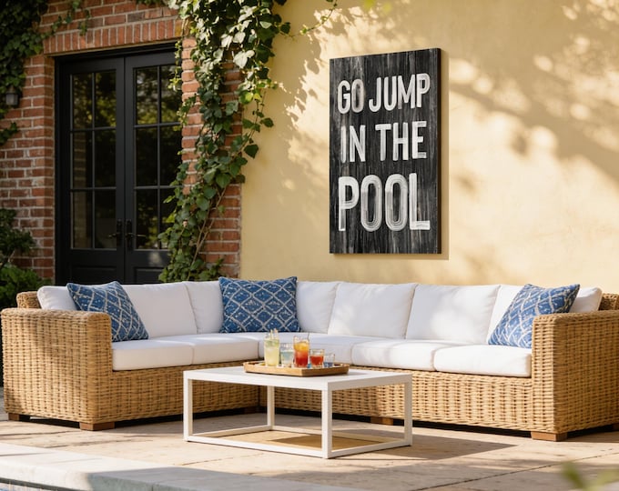 Distressed Black Art, Go Jump in the Pool Sign, White Lettering Vintage Wall Print