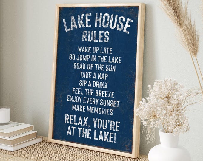 Vintage "LAKE HOUSE RULES" Sign, Navy Blue Lake Canvas Print, Coastal Lake House Decoration, Distressed Lake Wall Art, Vacation Rental Decor