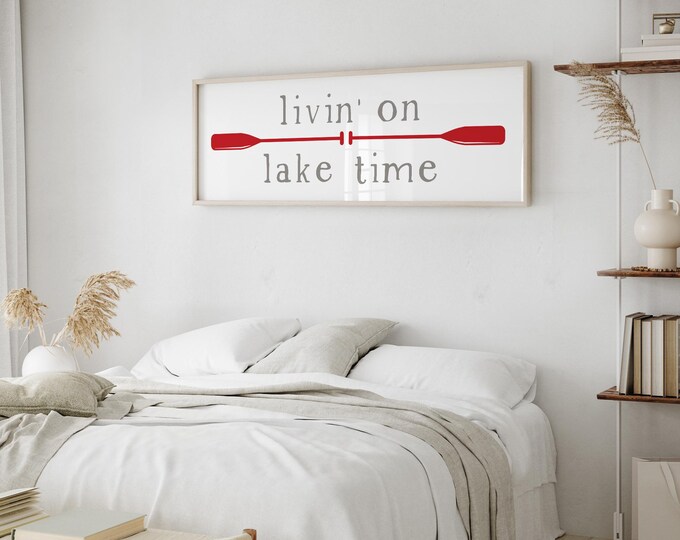 Red and White Coastal Sign with Oars, Livin' on Lake Time Sign, Lake House Decor, Red & Gray Nautical Wall Art, Boating Canvas Gift Idea