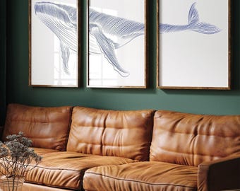 Triptych Wall Art, Whale Decor, Three Piece Wall Art, Minimalist Ocean Canvas Set, Stipple Pointillism Design, Large Framed Beach House Gift