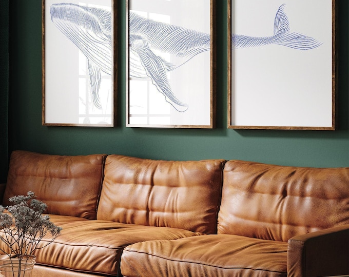 Triptych Wall Art, Whale Decor, Three Piece Wall Art, Minimalist Ocean Canvas Set, Stipple Pointillism Design, Large Framed Beach House Gift