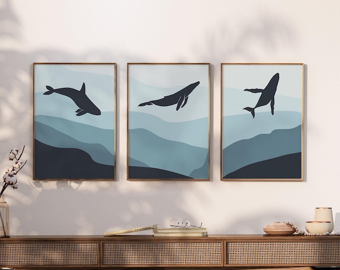 Ombre Blue Whale Art Triptych, 3 Piece Framed Coastal Set, Beach House Christmas Gift