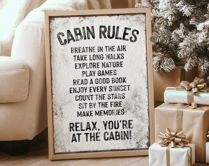Cabin Rules Sign, White Minimal Lodge Art, Guest Room and Rental Decor