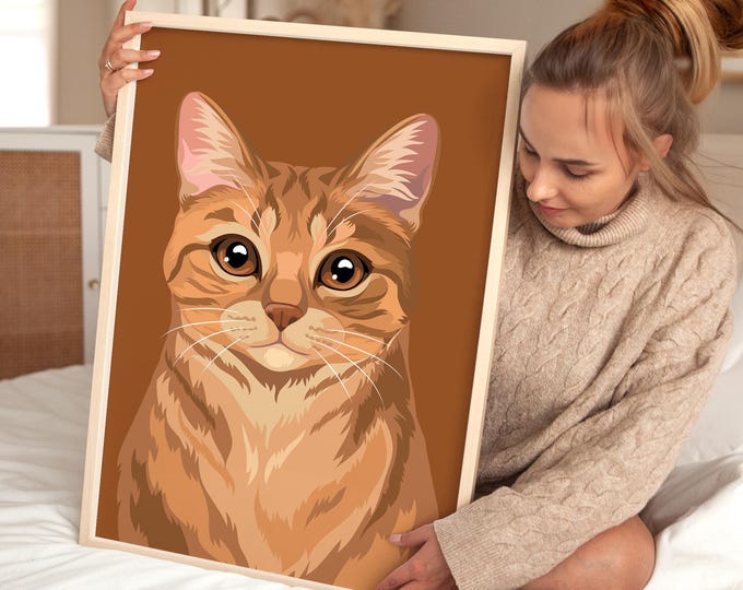 Cat Gift for Dad, Ginger Orange Tabby Portrait, Pop Art Feline Wall Decor, Animal Print