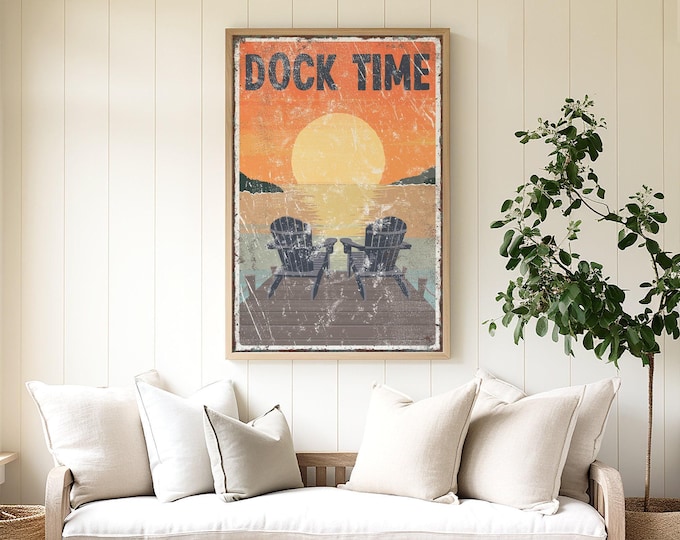 Sunset Lake Sign, Dock Time Adirondack Chairs Print, Vintage Orange Water Decor